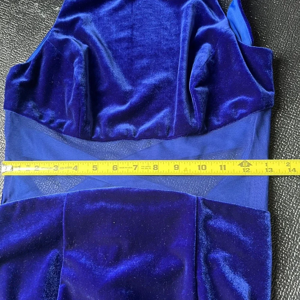 VTG Morgan & Co Royal Blue Velvet Mesh Maxi Dress S Prom Old Hollywood Open Back - Picture 9 of 11
